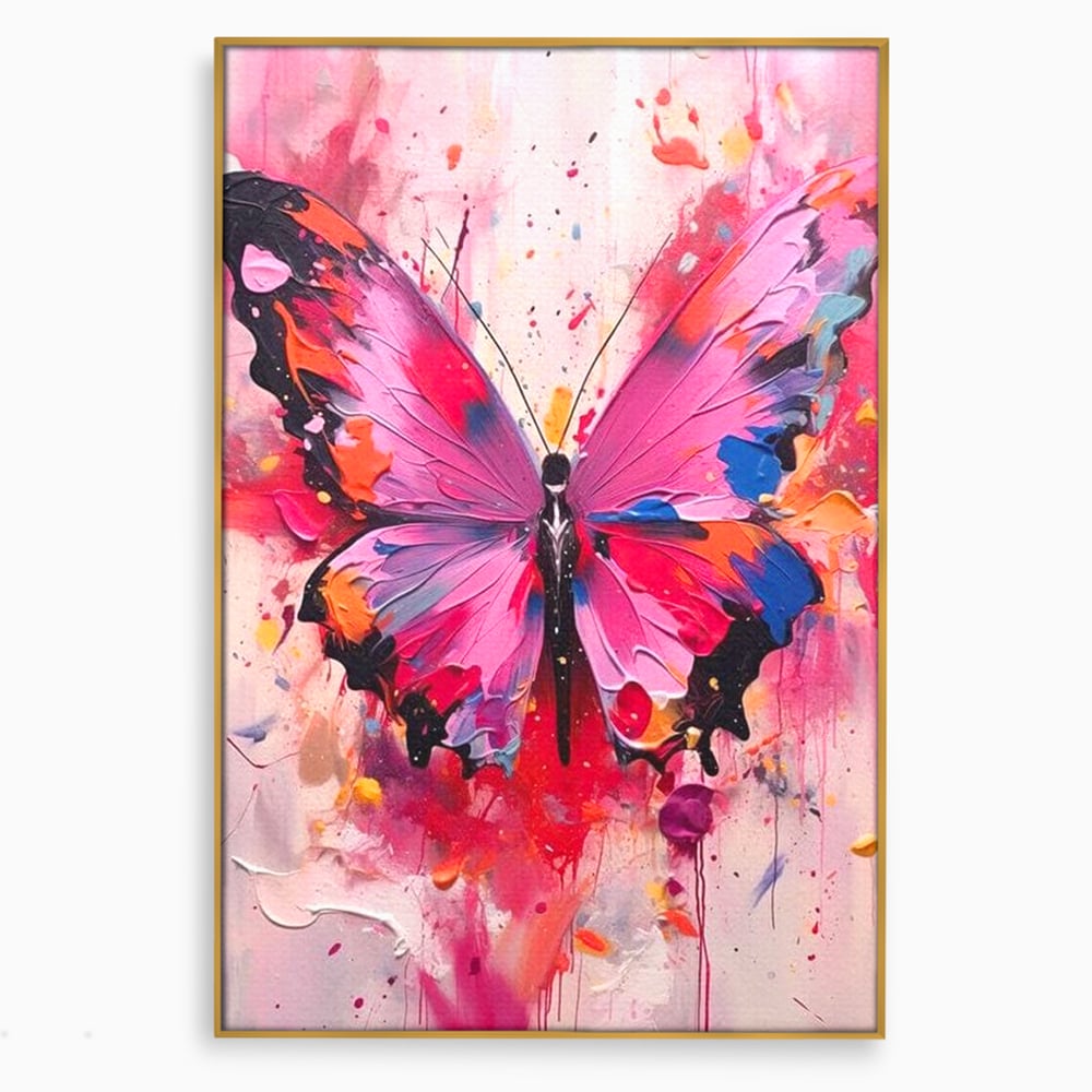 Tablou canvas cu pictura digitala cu fluture roz, in rama de aluminiu auriu
